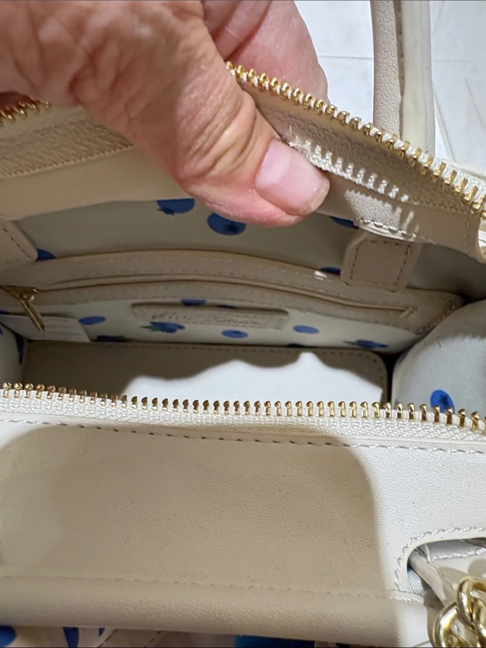 Betsey Johnson Cream and Red Striped Top-Handle Satchel with Blueberry Pom Charm